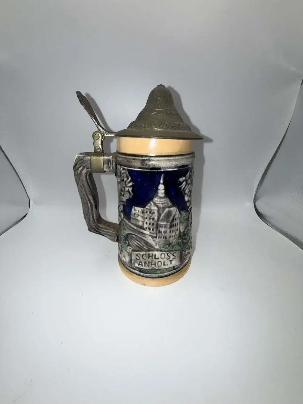 Vintage Schloss Anholt Ceramic Beer Stein with Metal Lid